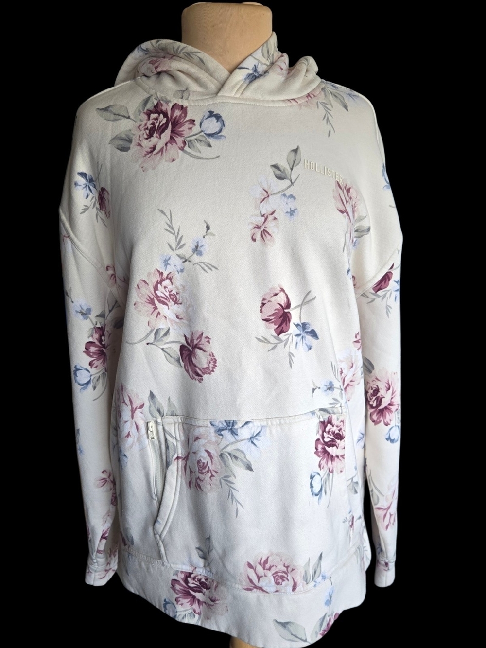 Hollister Cream Floral Pullover Hoodie with Mauve & Blue Blossoms Sz XL